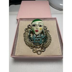 Vintage 1950s Whimsical Figural Face 2.5” Brooch Pin with Green Rhinestones.